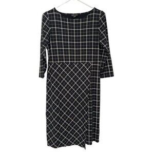 J. Jill Wearever Collection Black White Windowpane Faux Wrap Dress